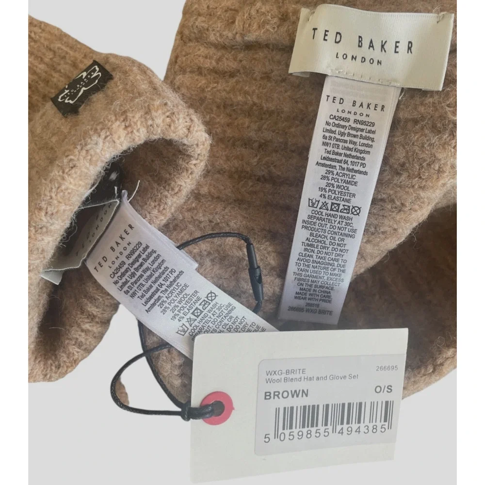 TED BAKER Women's Heather Brown Wool Blend Brite Knit Winter Hat & Glove Set NWT